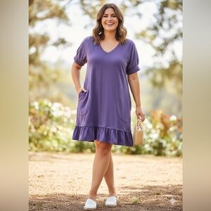 Evy’s Tree Grape Purple Mikela Ruffle Hem Pocketed Short Sleeve Knit Dress XL